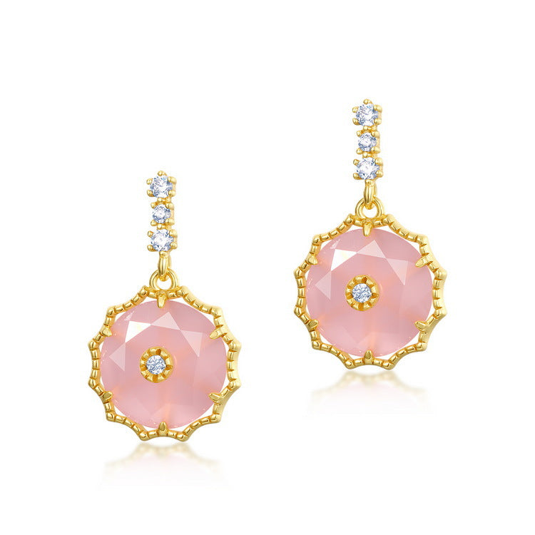 Vintage Round Shape Pink Crystal Silver Drop Earrings