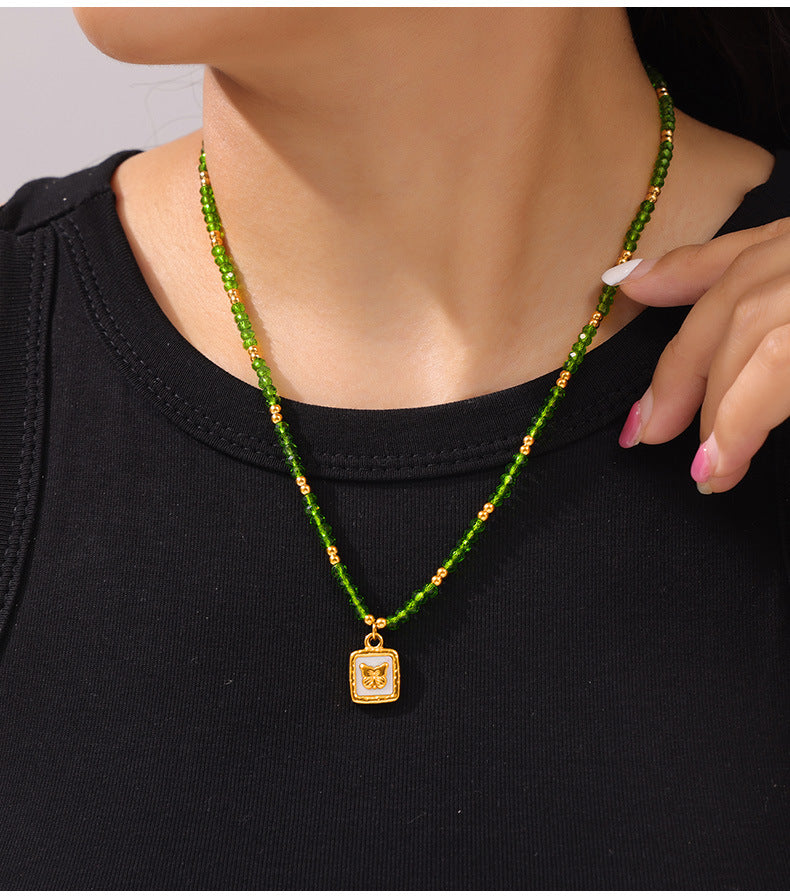 Elegant Handcrafted Titanium Steel Pendant Necklace with Natural Stone Beads