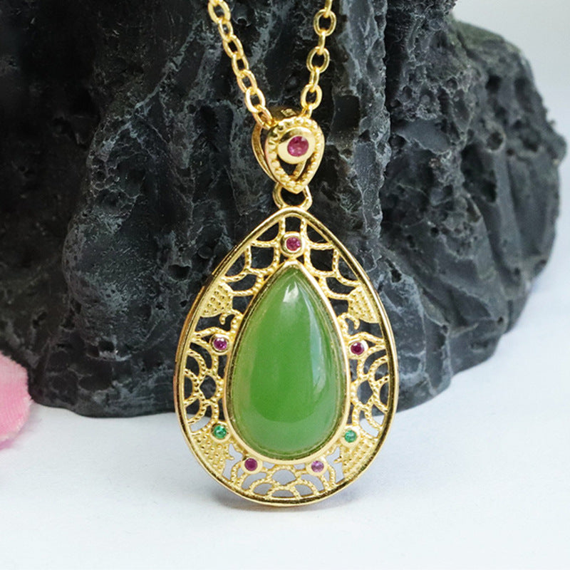 Natural Jasper Necklace with Sterling Silver Water Drop Pendant