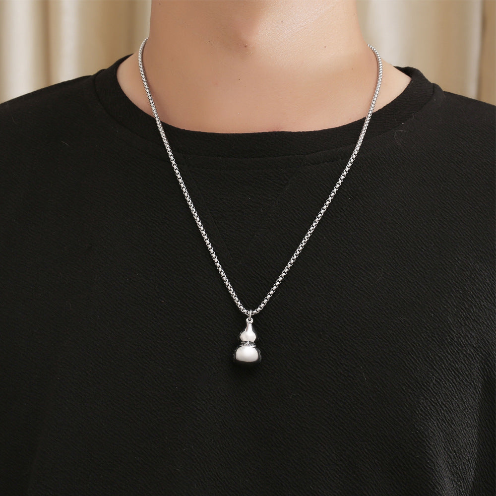 Vintage Chinese Style Titanium Steel Necklace with Gourd Fulu Pendant - Men's Lucky Charm Necklace
