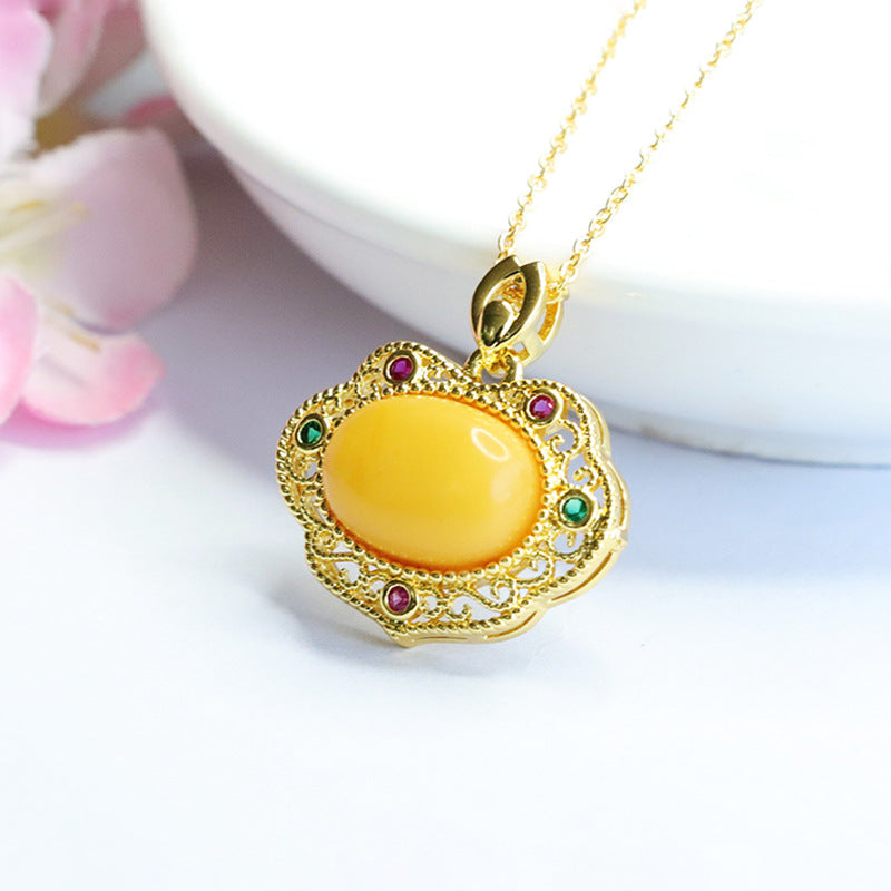Golden Ruyi Necklace with Beeswax Amber and Zircon