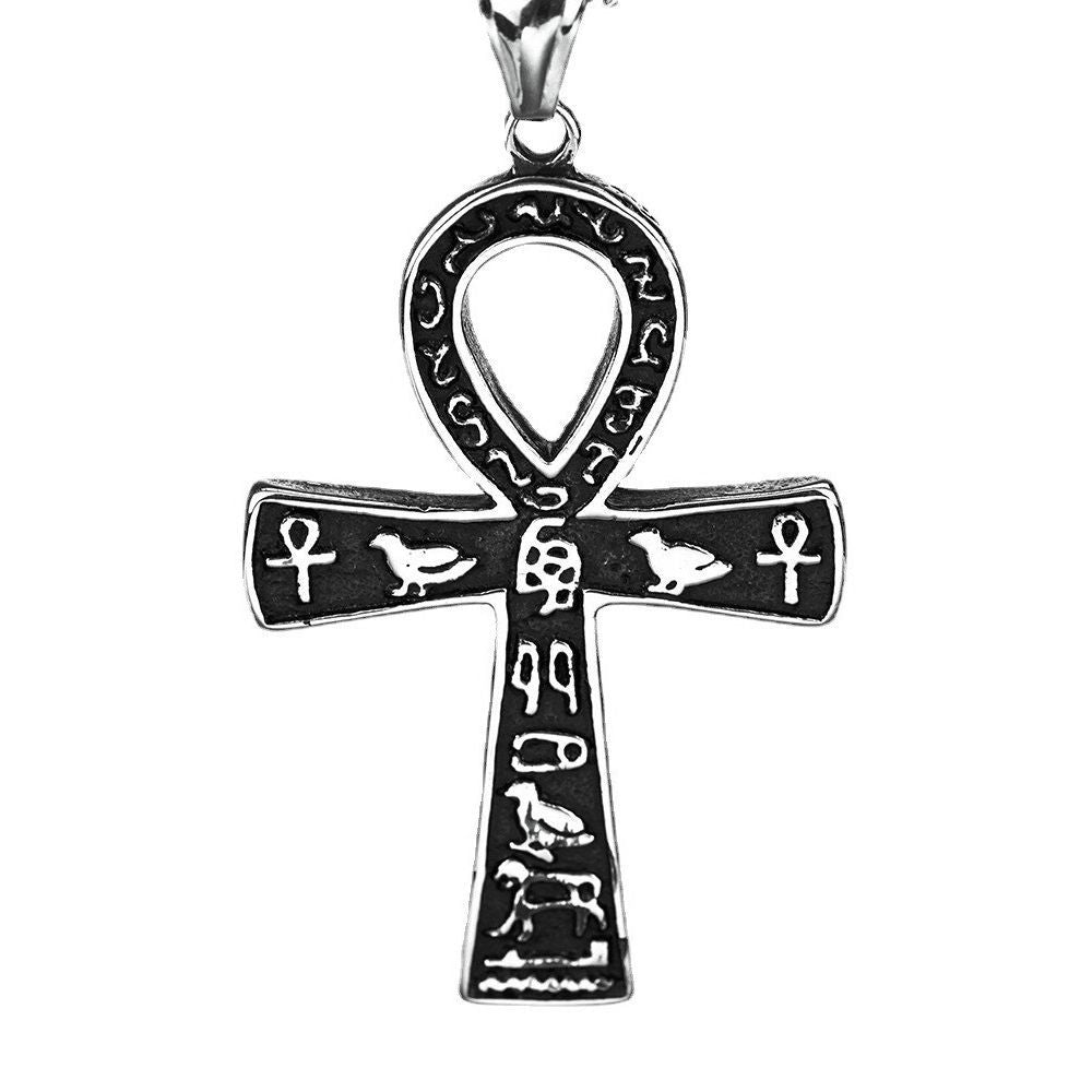 Vintage Men's Stainless Steel Pendant Necklace Egyptian Anka Cross
