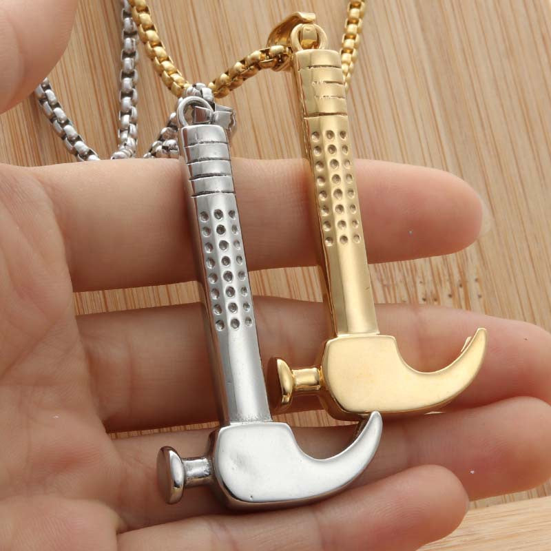 Titanium Steel Punk Hammer Pendant Necklace for Men - Retro Trendy Tool Design