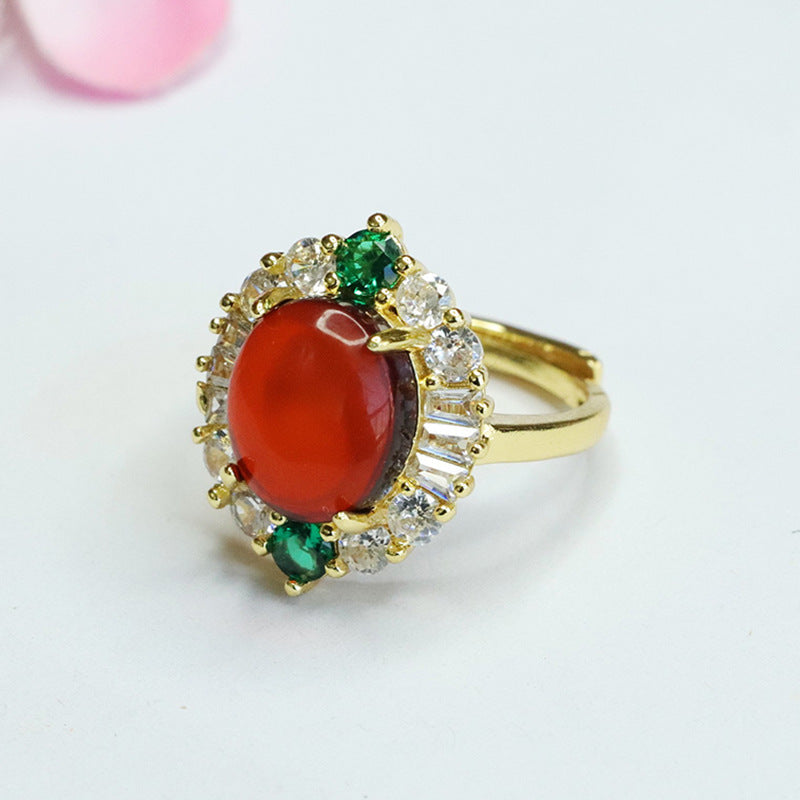 Blood Amber Oval Ring with Zircon Petals Halo, Sterling Silver and Beeswax Amber Jewelry