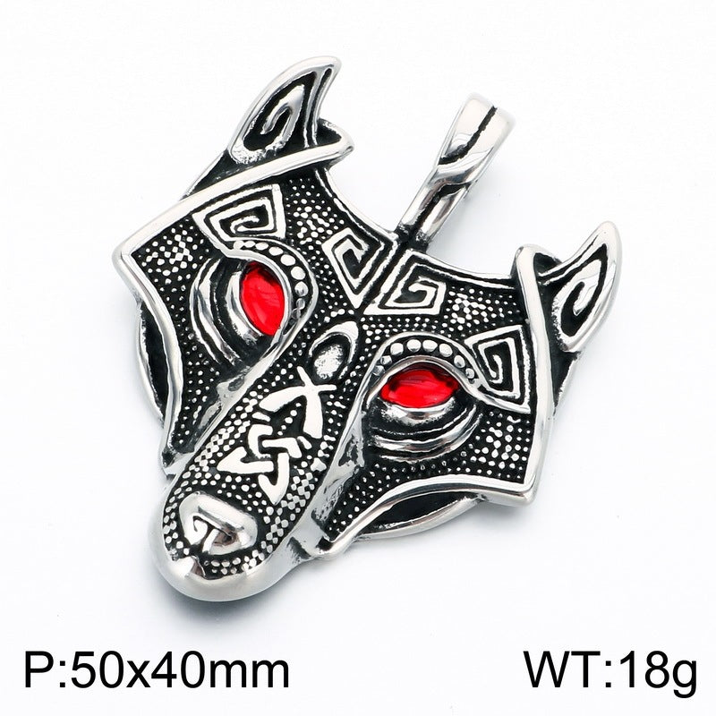 Nordic Mythological Beast Inlaid Red-Eye Wolf Head Stainless Steel Men's Pendant Retro Wolf Necklace