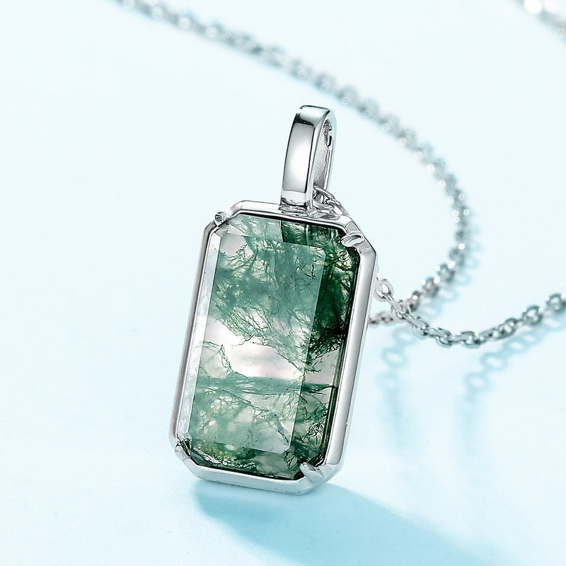 S925 Sterling Silver Moss Agate Pendant Necklace