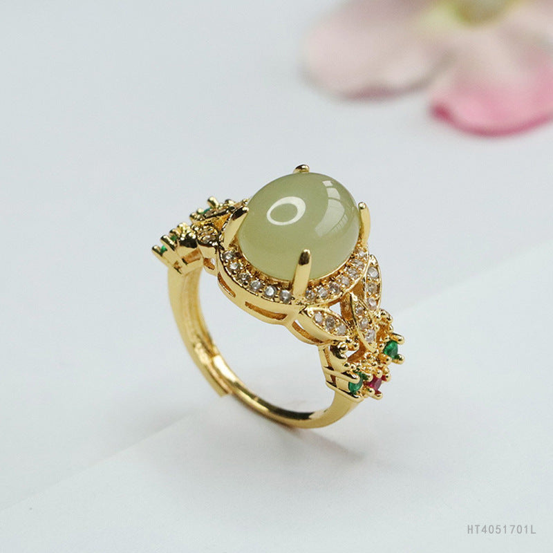 Qingshui Hetian Jade Zircon Clover Ring