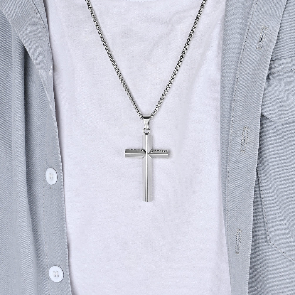 Simple Rhombus Mirror Titanium Steel Cross Necklace for Men