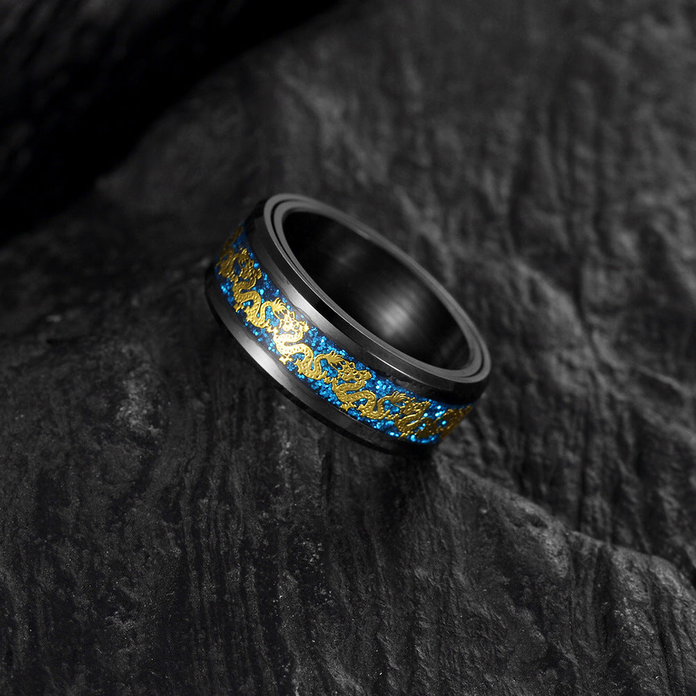 Rotating Chinese Dragon Decompression Ring - Black Plated Titanium Steel Jewelry 8mm Wide - Men's Fashion Piece
