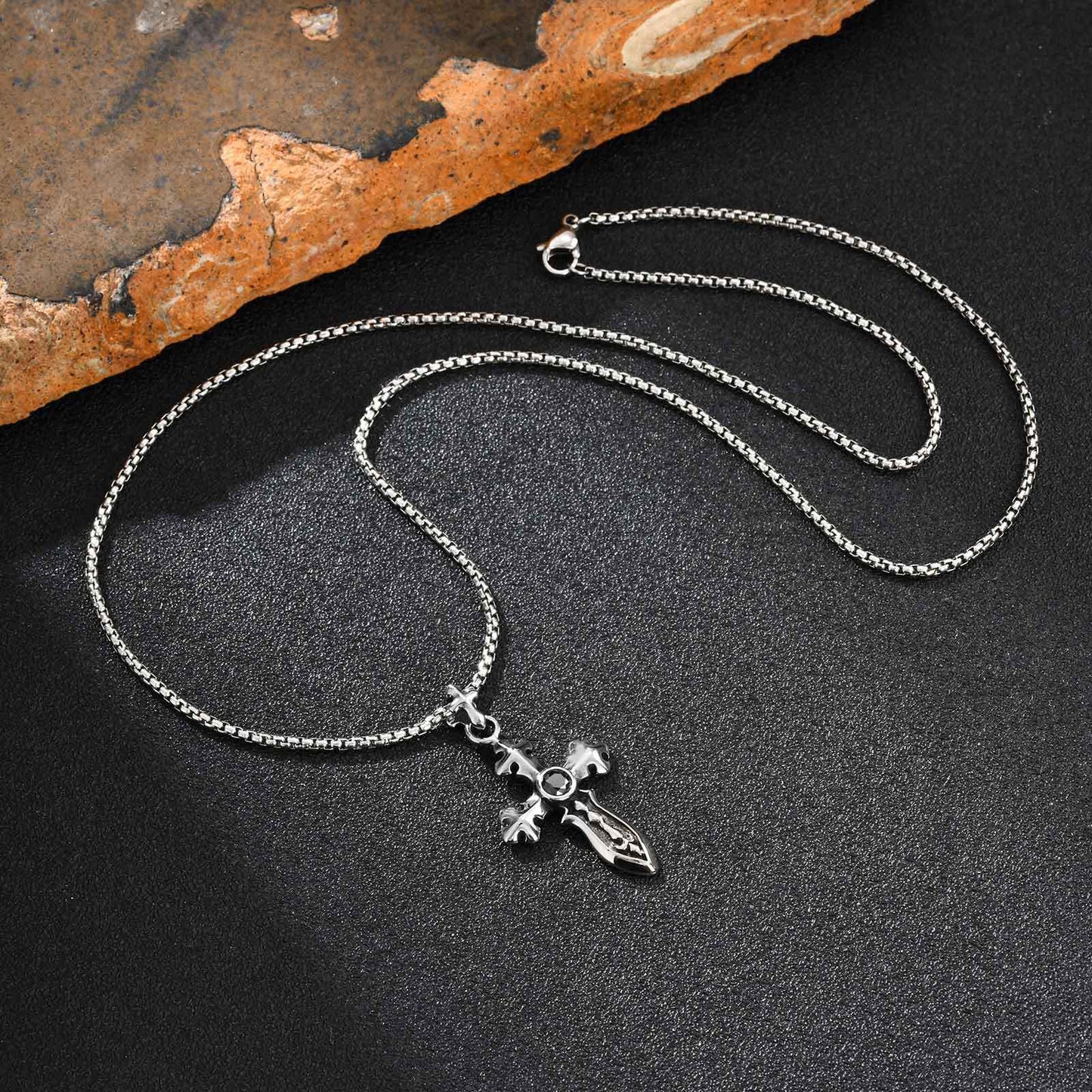 Planderful Retro Zircon Cross Sword Necklace Stainless Men