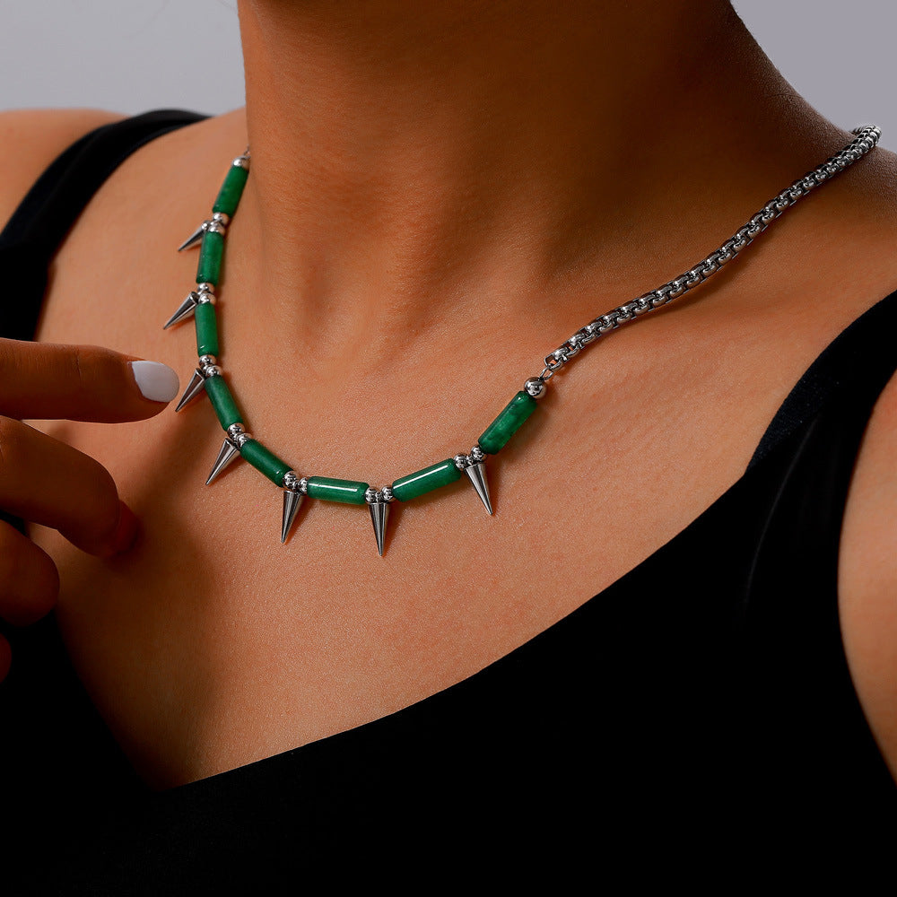 European Punk Panther Natural Stone Titanium Steel Necklace