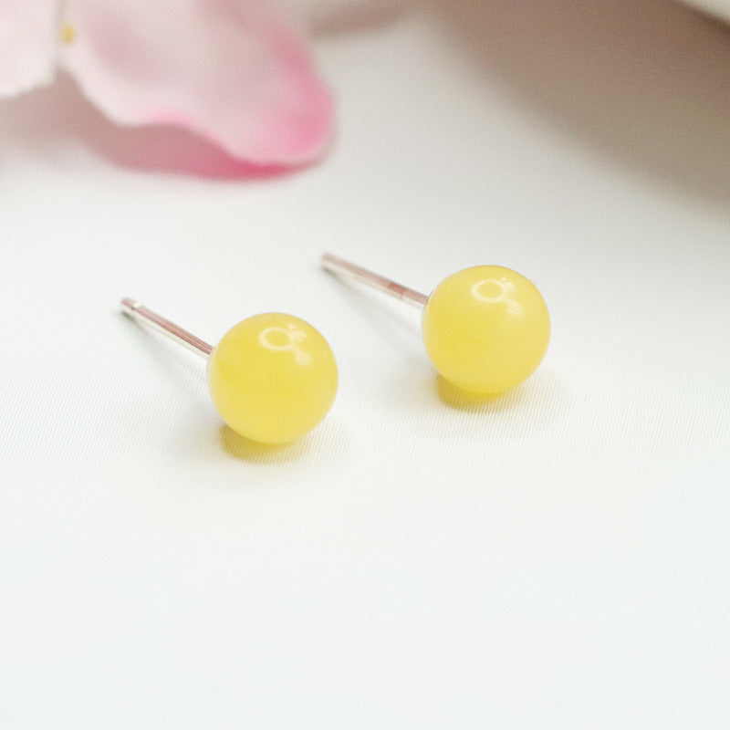 Beeswax Amber Round Bead Stud Earrings