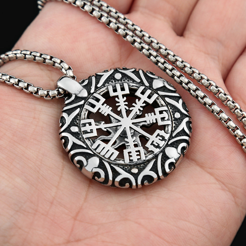 Stainless Steel Hollow Sun Pendant Compass Necklace for Men