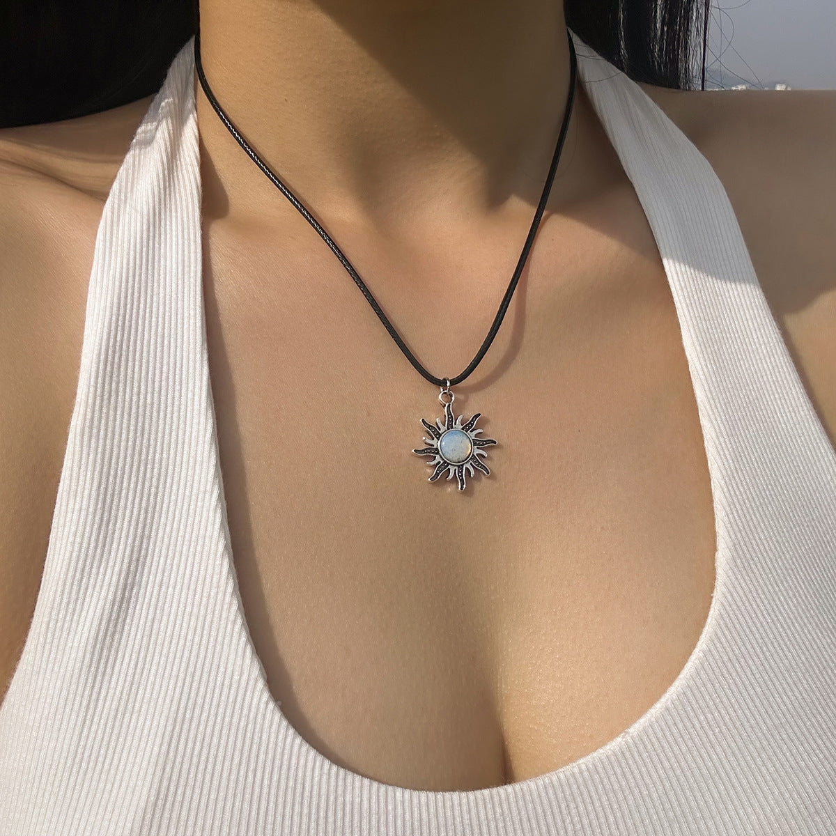 European-Inspired Wax Line Turquoise Sun Necklace with Inlaid Crystals