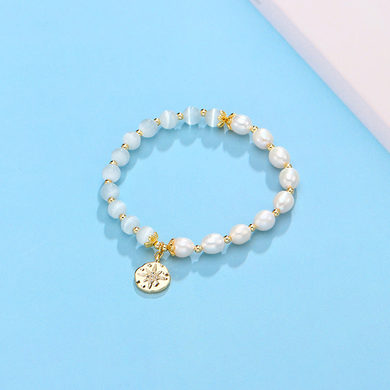 Korean Edition Freshwater Pearl and Opal Stone Bracelet with Sterling Silver Charm