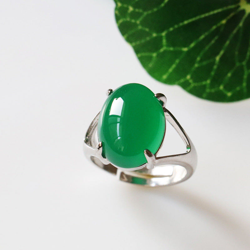 Modern Split Shank Sterling Silver Ring with Oval Green Chalcedony