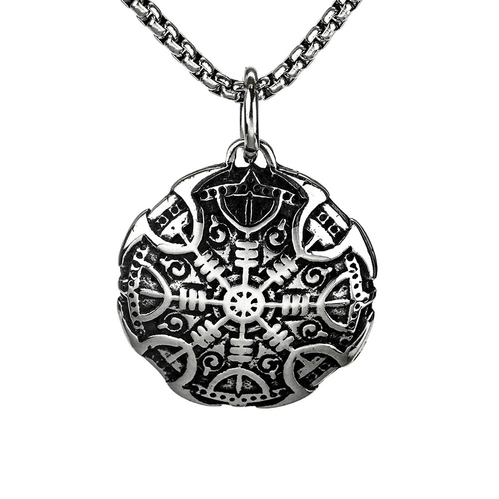 European And American Jewelry Titanium Steel Men's Pendant Vintage Viking Compass Shield Necklace