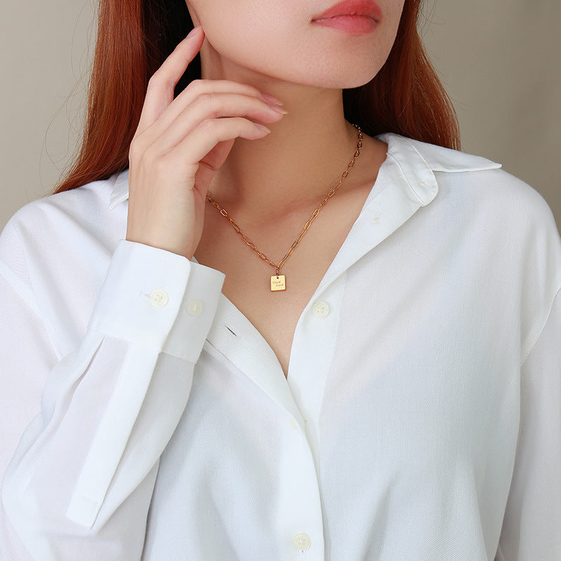 Jewelry Titanium Steel Necklace Women's Square Hang Tag Good Luck