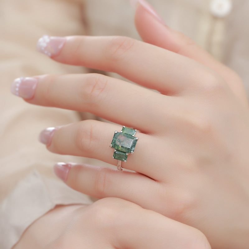 Planderful Jewelry Sterling Silver Moss Agate Ring Three Stone Adjustable Band Natural Green Stone