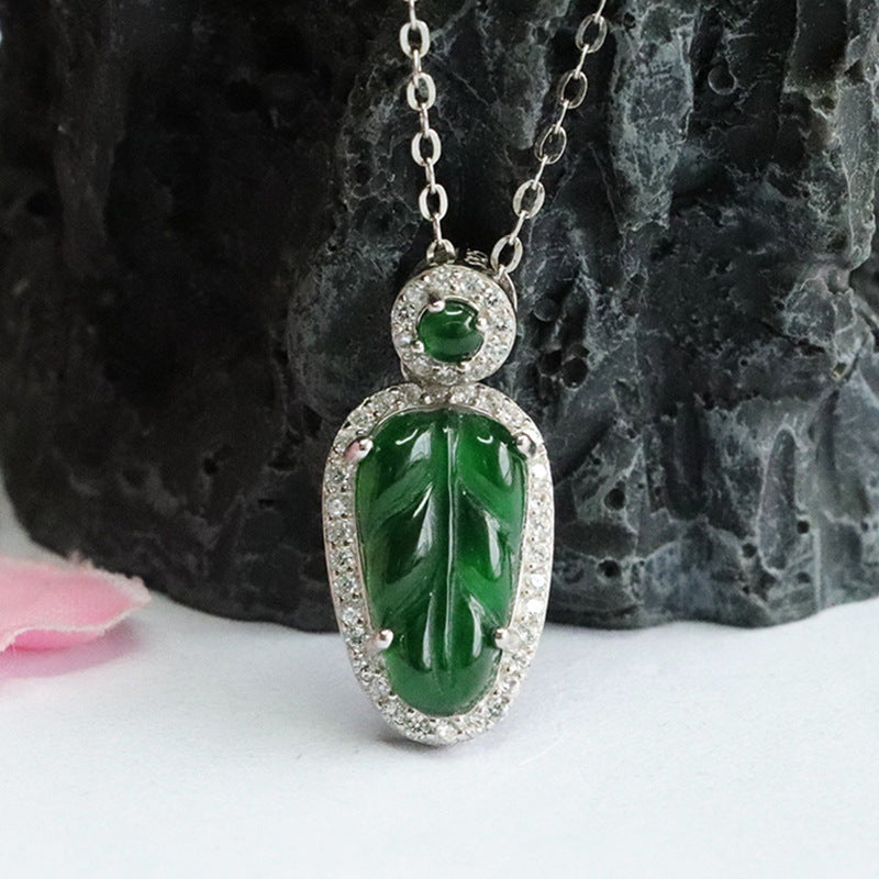 S925 Silver Natural Jade Leaf Pendant Emperor Green Jade Zircon Necklace
