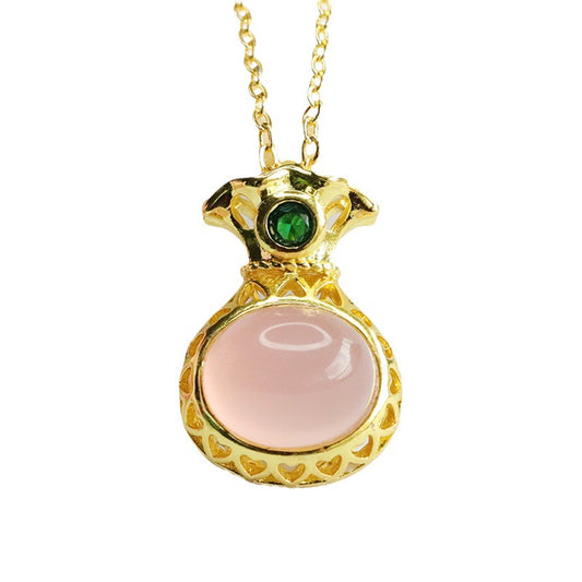 Pink Chalcedony Money Bag Necklace with Oval Pendant