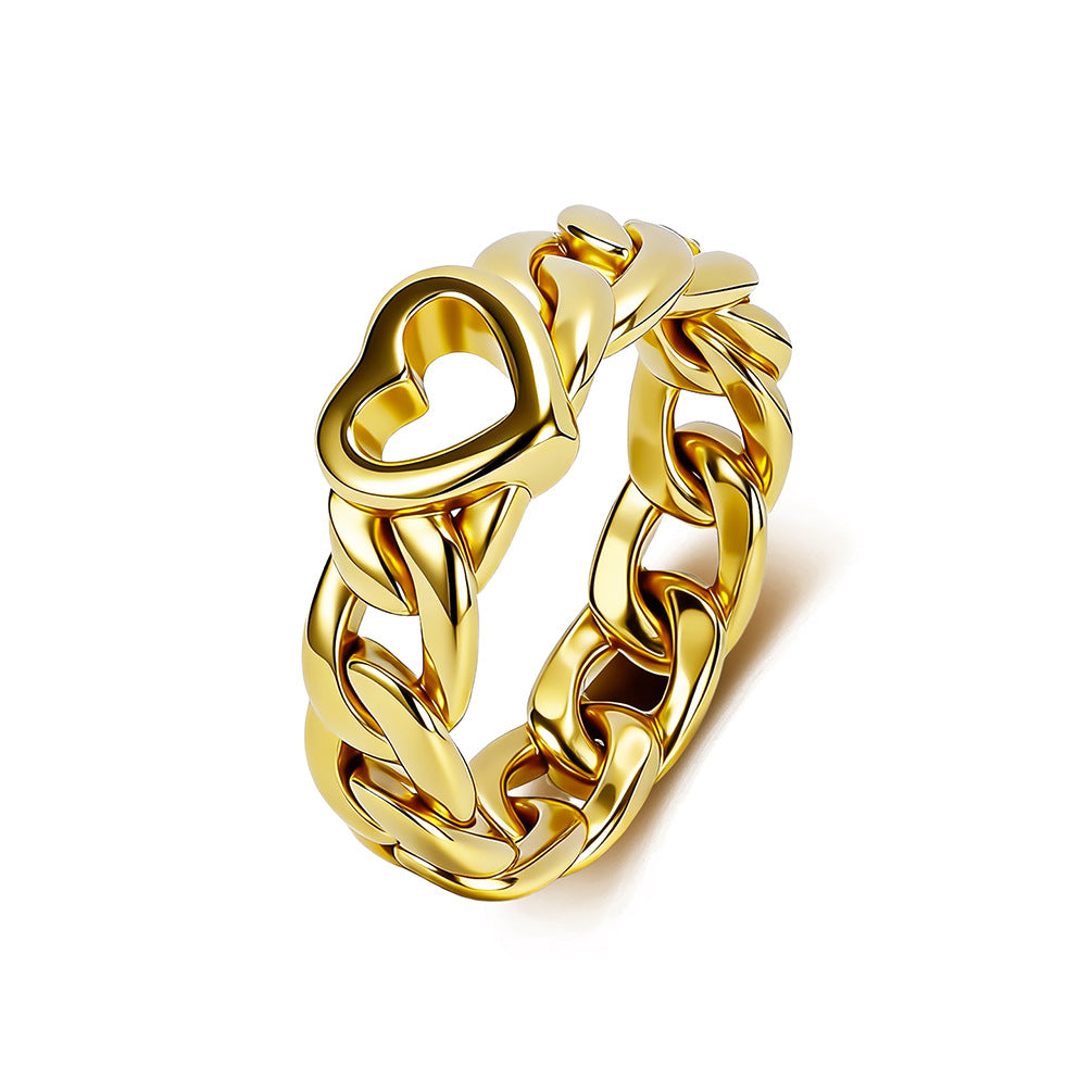 Heart Cuban Chain Gold-Plated Stainless Steel Ring