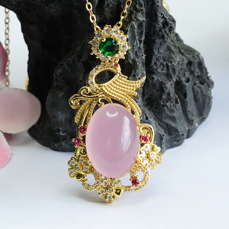 Phoenix Pendant Necklace with Pigeon Egg Pink Chalcedony and Zircon