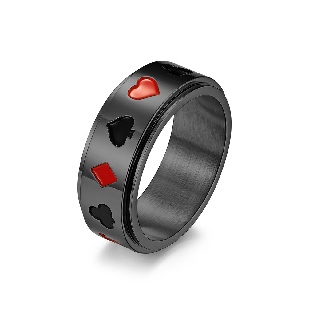 Playing Card Pattern Black Red Plum Stainless Steel Ring