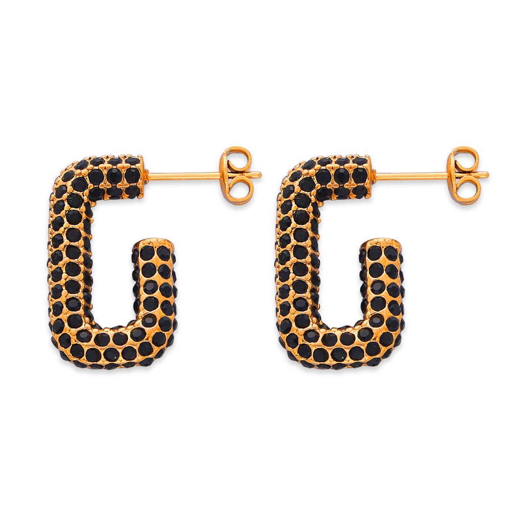 Vibrant Geometric G-Shaped Titanium Steel Earrings with Multi-Color Zircon Inlay