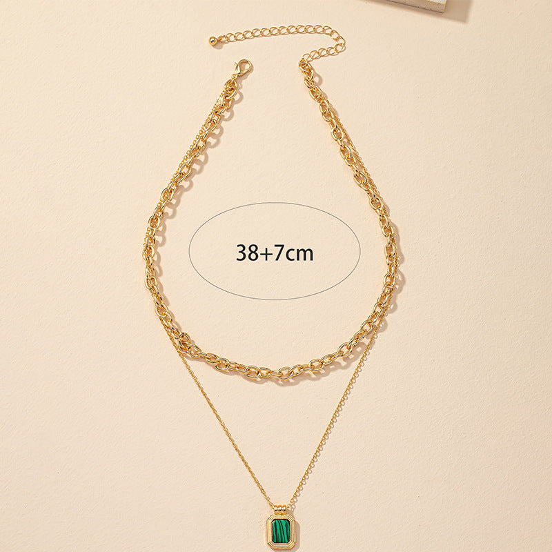 Peacock Stone Pendant Necklace with Turquoise Collarbone Chain