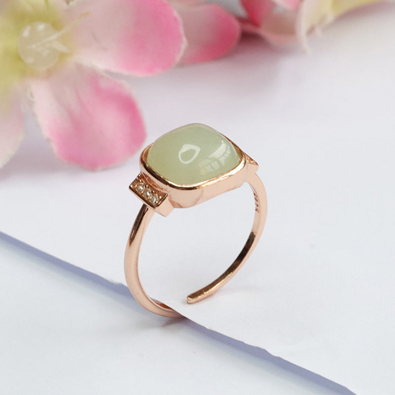 925 Sterling Silver Hetian Jade Square Ring