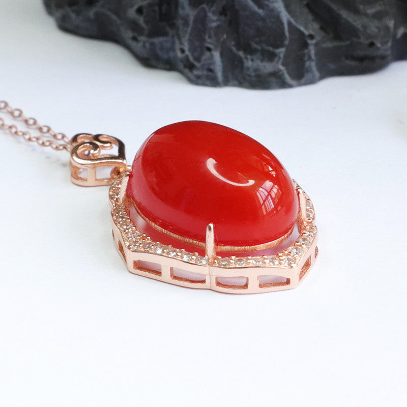 Rose Gold Plated Silver Necklace with Natural Red Agate Pendant