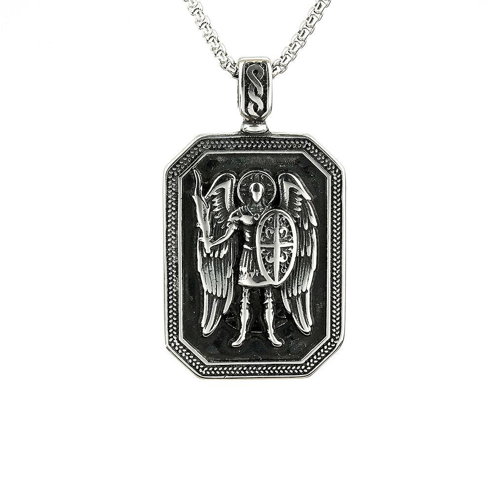 Vintage Men's Stainless Steel St. Michael Angel Necklace