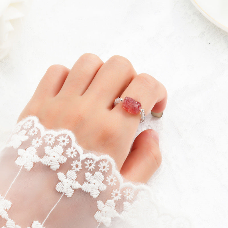 Strawberry Crystal and Pearl Sterling Silver Ring with Pixiu Design