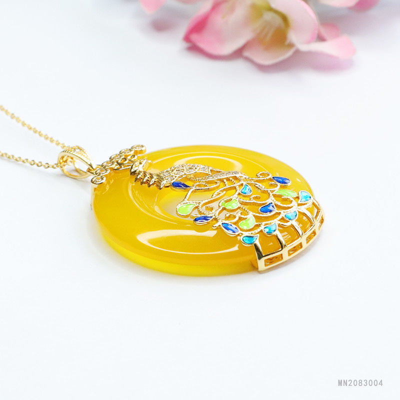 Yellow Chalcedony Cloisonné Phoenix Peace Buckle Pendant — No Chain