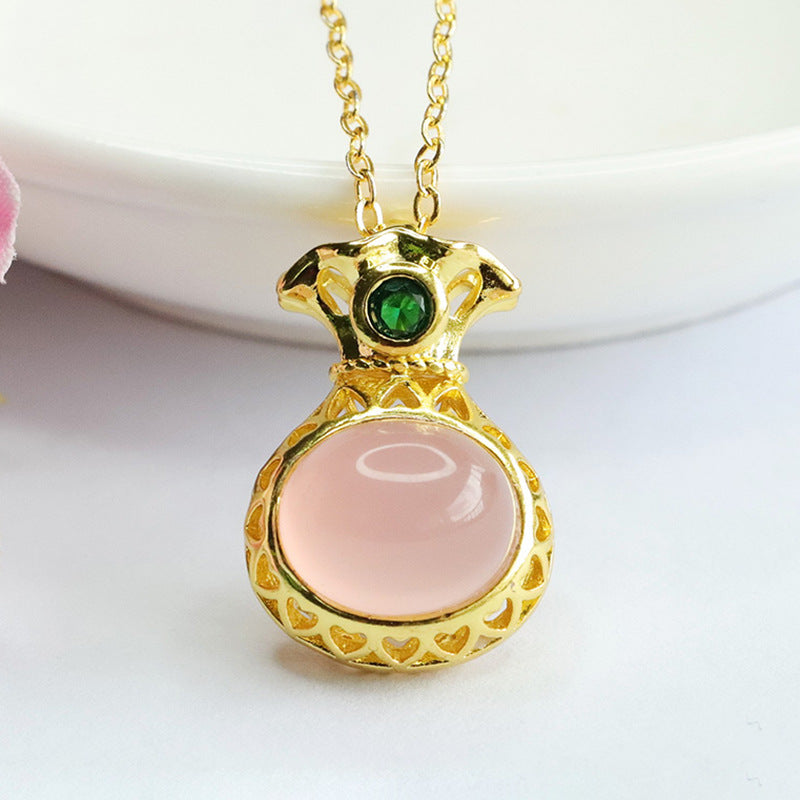 Pink Chalcedony Money Bag Necklace with Oval Pendant