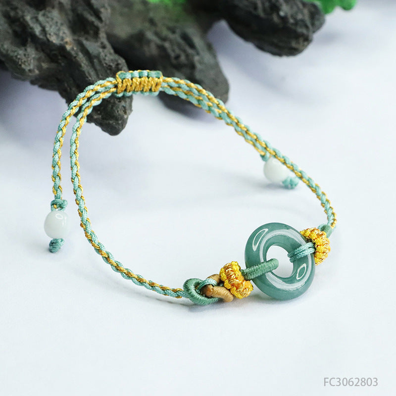 Blue Water Jadeite Peace Ring Cord Bracelet