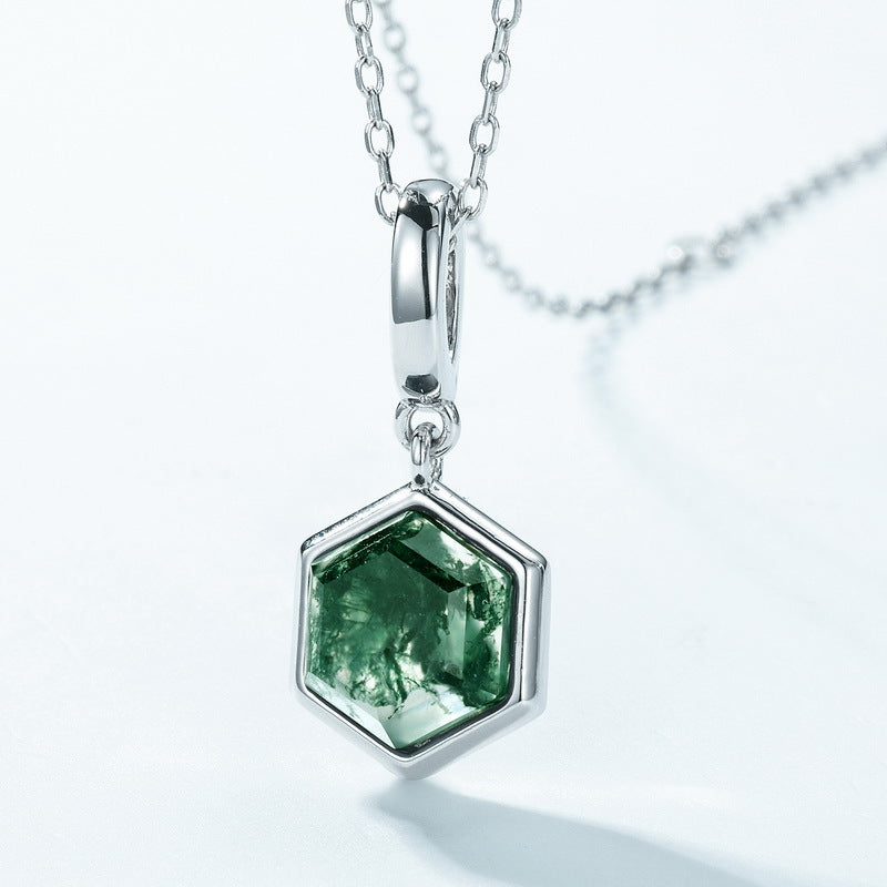 S925 Sterling Silver Moss Agate Geometric Pendant Necklace
