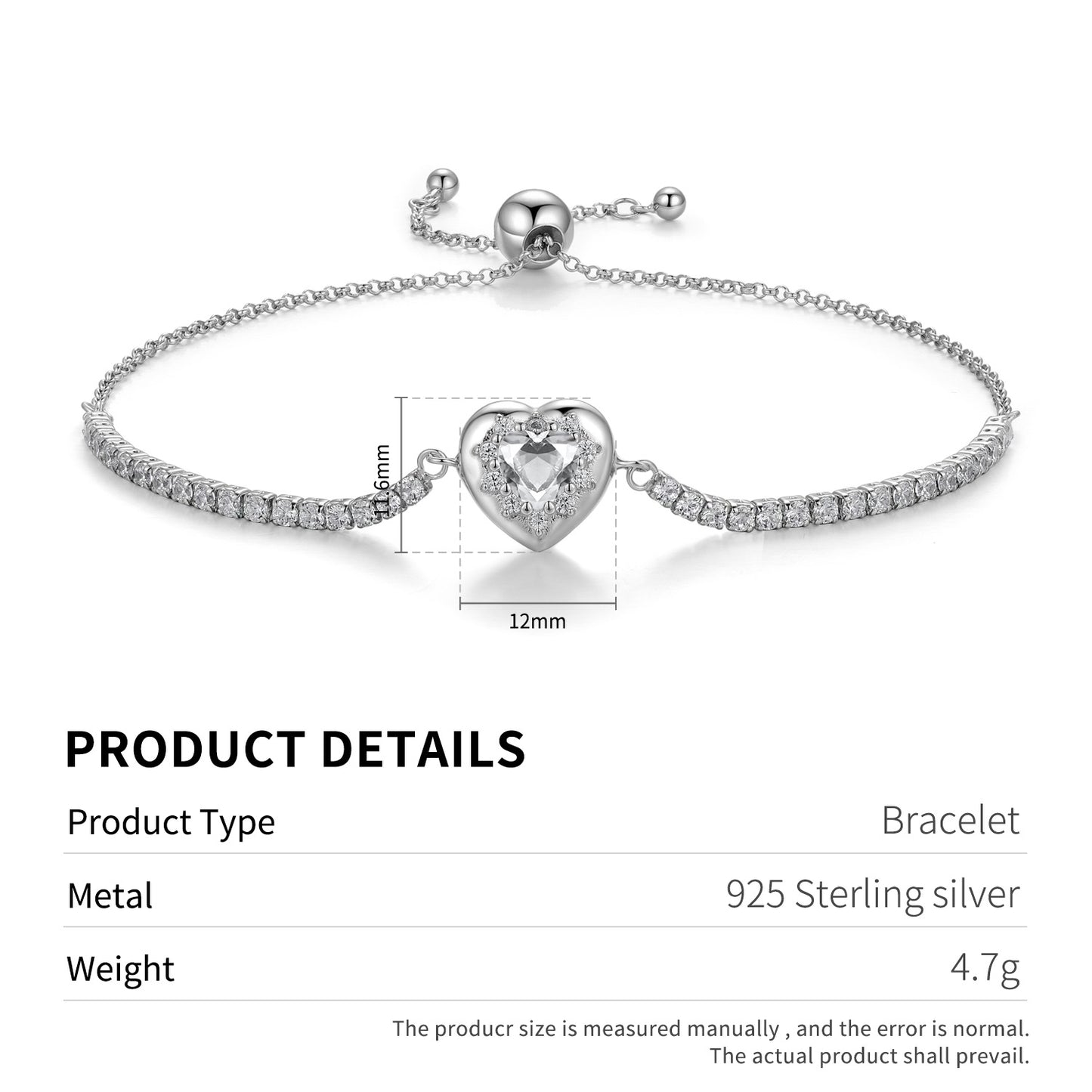 Planderful Jewelry Sterling Silver Zircon Love Bracelet Adjustable Length For Everyday Elegance