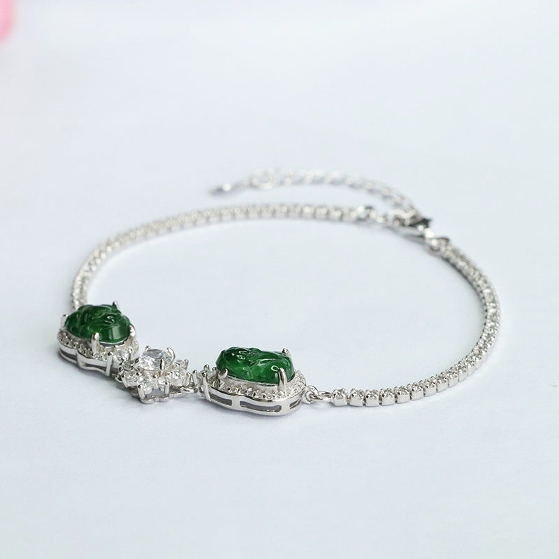 Emperor Green Pixiu Sterling Silver Bracelet with Natural Jade