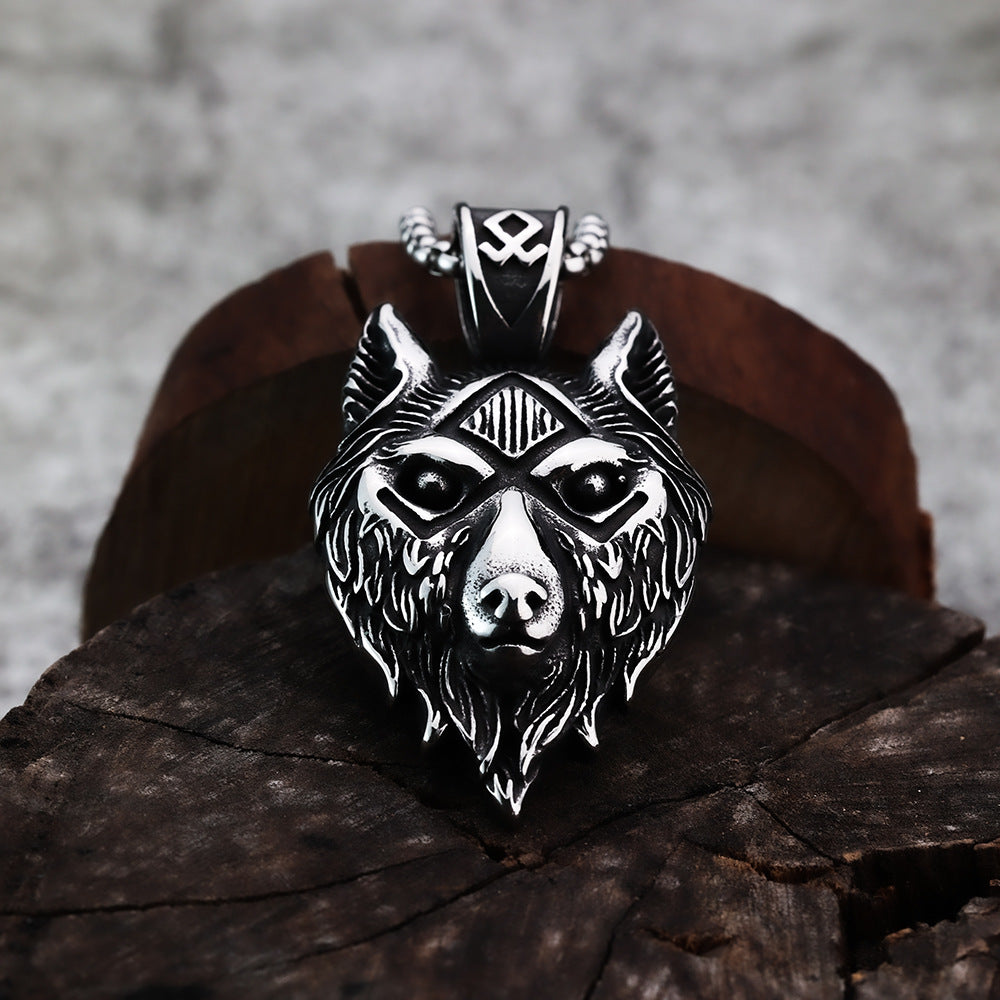 Vintage Viking Rune Wolf Head Stainless Steel Pendant Necklace