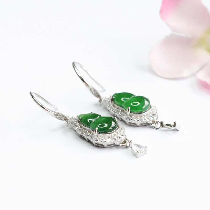 Icy Green Jadeite Gourd 925 Silver Hook Earrings