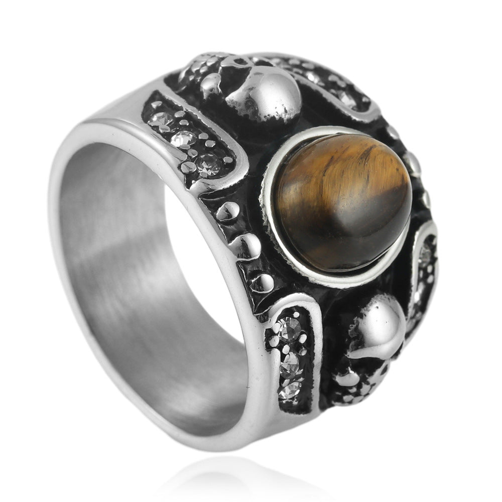 Punk Retro Titanium Steel Skull Ring for Men with Oval Stone - European and American Style