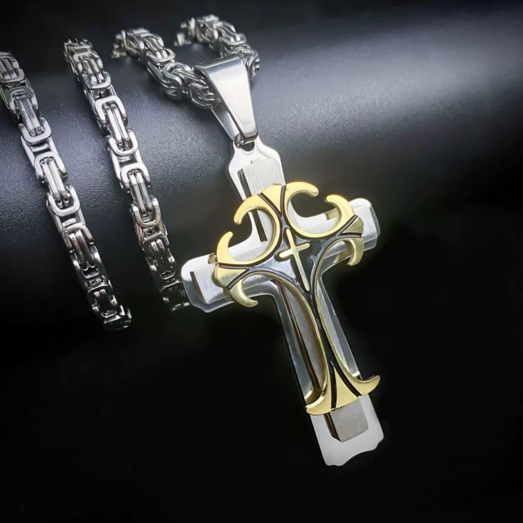 Planderful Titanium Steel Mens Cross Necklace Trendy Sweater Chain Hip Hop Pendant