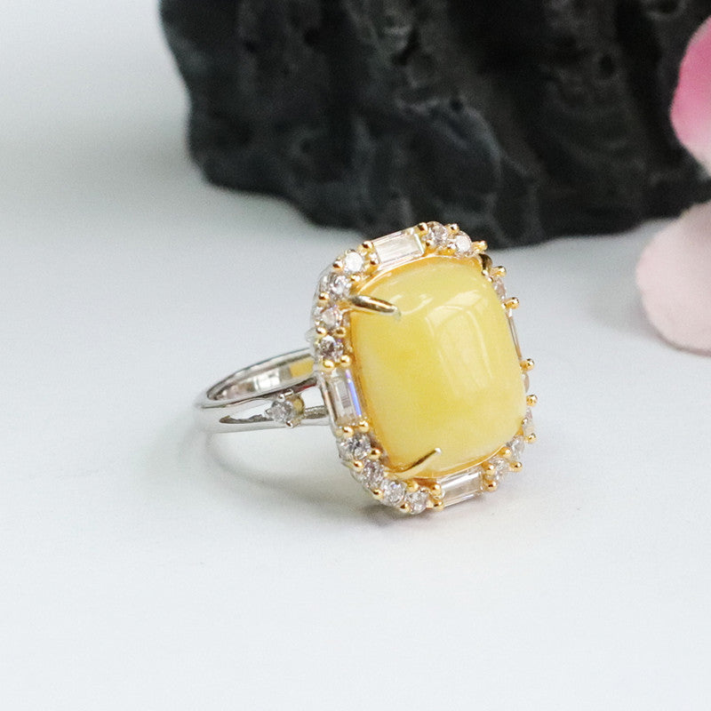 Sterling Silver Adjustable Ring with Beeswax Amber and Zircon Detail