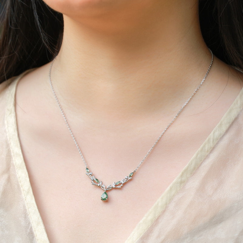 Planderful Jewelry Sterling Silver Agate Necklace Green Moss Olive Branch Leaf Pendant Clavicle Chain