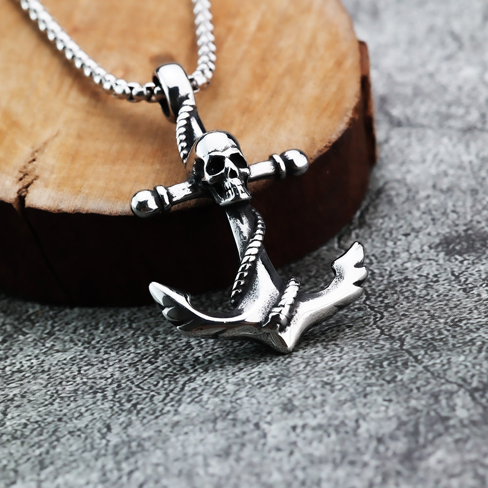 European And American Retro Men's Stainless Steel Pendant Boat Anchor Skull Necklace