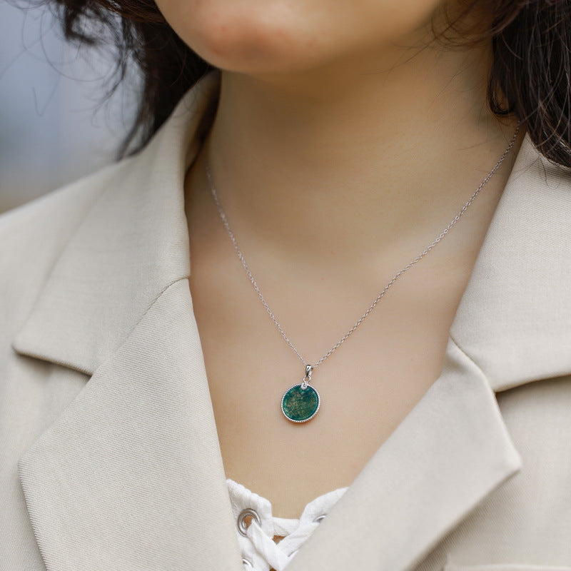 S925 Sterling Silver Moss Agate Round Pendant Necklace