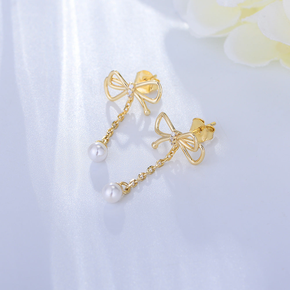 Super Fairy Tassel Bow Pearl Earrings Femininity Sterling Silver Earrings
