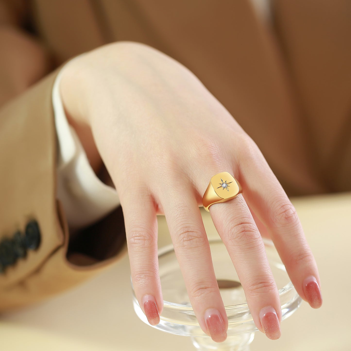 Stainless Steel Inlaid Single Zircon Octagram Ring Gold Women's Jewelry